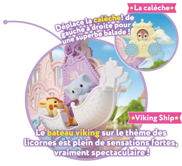 Le bateau：Le bateau viking sur le thème des licornes est plein de sensations fortes, vraiment spectaculaire !　La calèche：Déplace la calèche de gauche à droite pour une superbe balade ! 