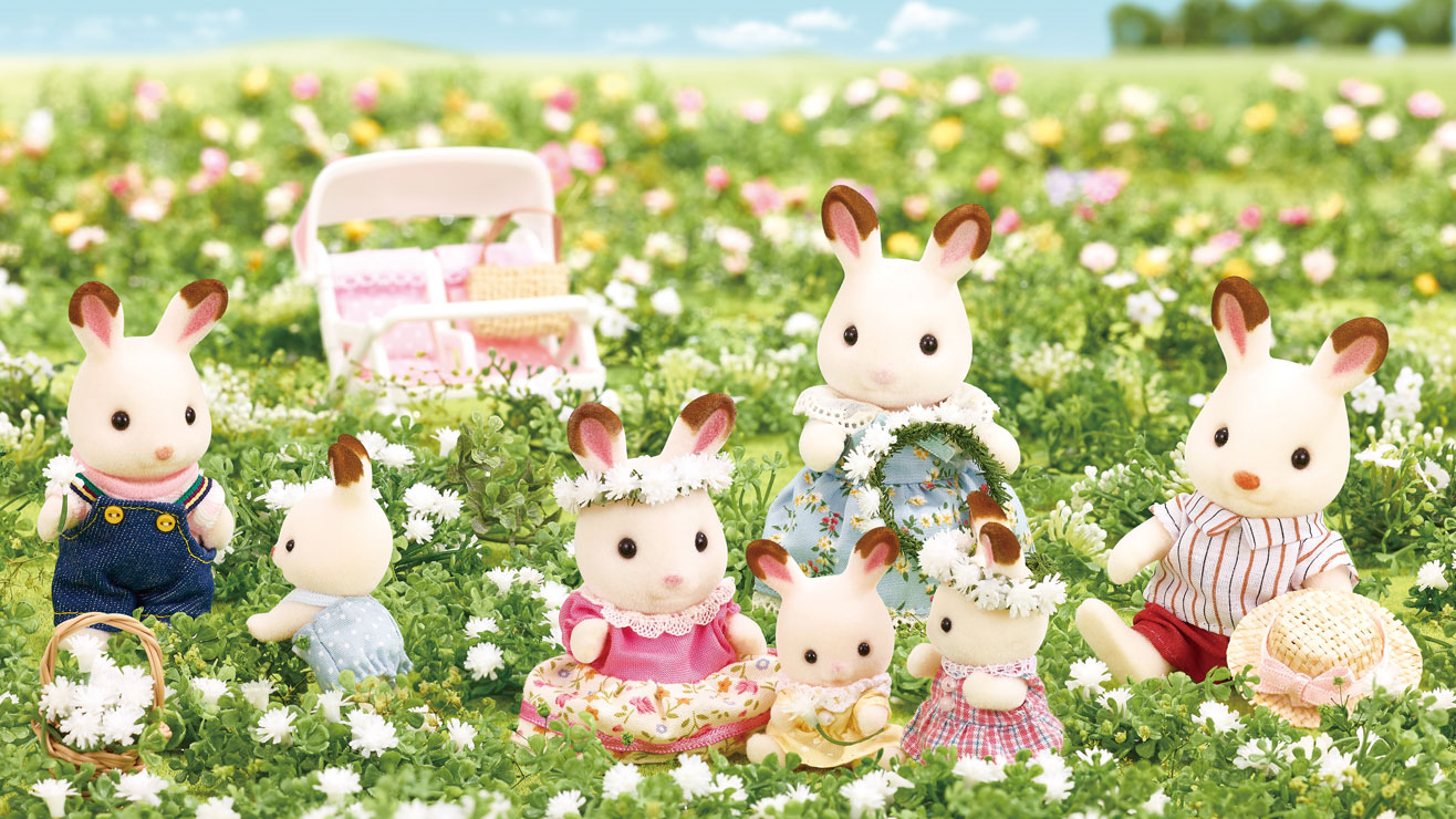 Calico Critters rabbits socializing in the meadow