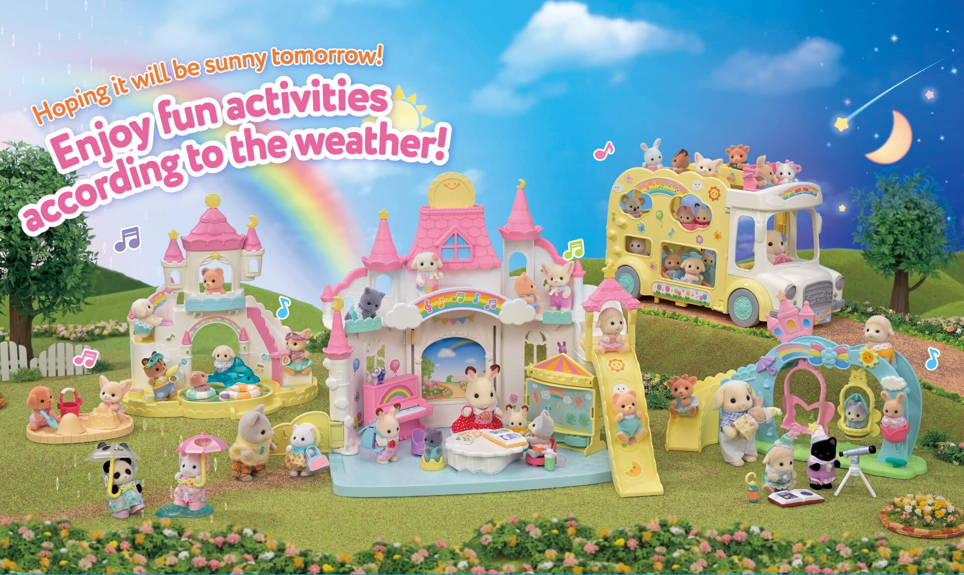 The Sunny Castle Nursery of The Calico Critters' Nursery Series. Let's enjoy fun activities according to the weather!